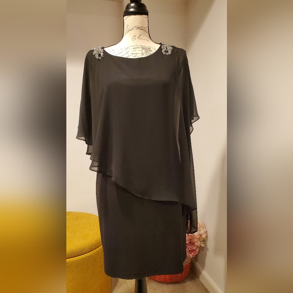 XSCAPE Elegant Black Evening Dress Cape Overlay Cocktail Party, Size 8.